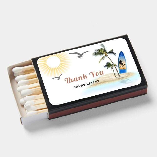 Thank You Custom Branded Beach Surfing Baby Shower Matchboxes (Front Open)