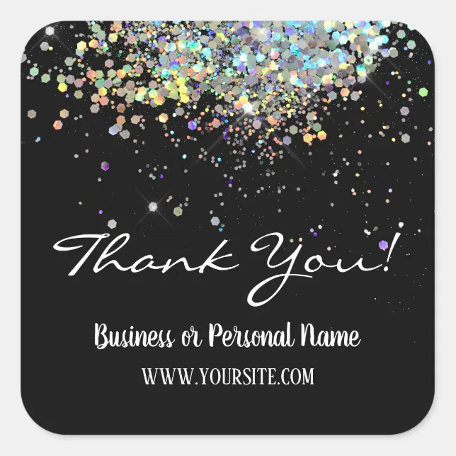 Thank You Custom Business Rainbow Glitter Square Sticker | Zazzle