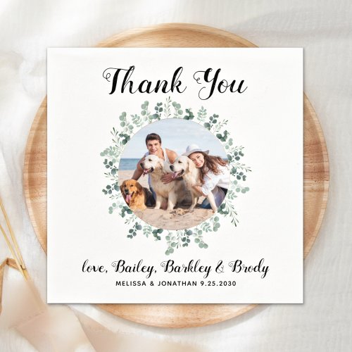 Thank You Custom Pet Photo Eucalyptus Dog Wedding Napkins