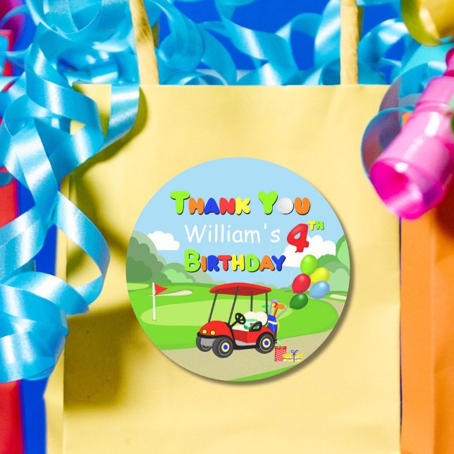 Thank You Cute 4th Birthday Red Golf Cart Boy's Classic Round Sticker (Creator Uploaded)