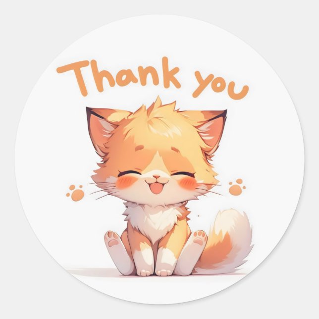 Thank You Cute Anime Cat Classic Round Sticker (Front)