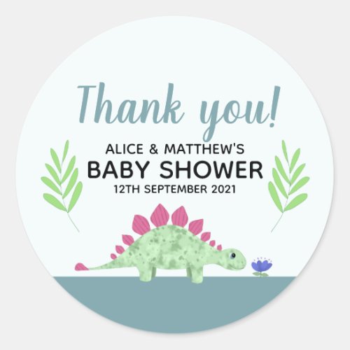 Thank You Cute Blue Dinosaur Baby Shower Favor Classic Round Sticker