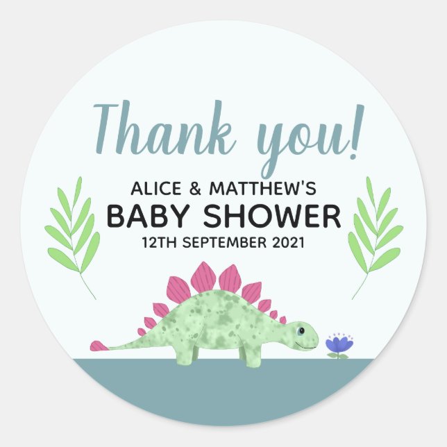 Thank You Cute Blue Dinosaur Baby Shower Favor Classic Round Sticker (Front)