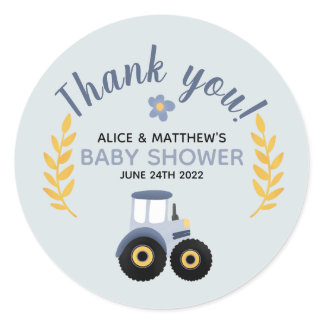 Thank You Cute Blue Farm Tractor Baby Shower  Classic Round Sticker