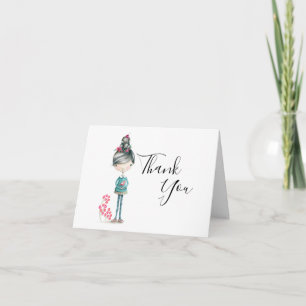 "Thank You" Cute Boho Girl With Bird Thank You Card
