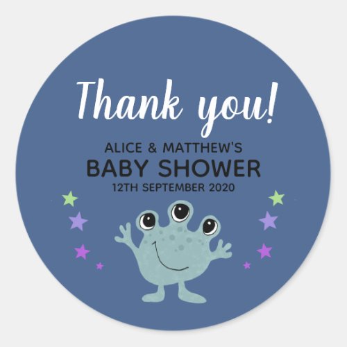 Thank You Cute Boys Space Alien Baby Shower Classic Round Sticker