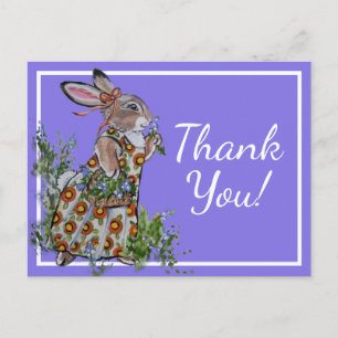 Thank You Cute Bunny Rabbit Blue Feminine Floral Postcard