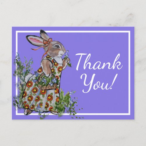Thank You Cute Bunny Rabbit Blue Feminine Floral Postcard