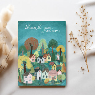 THANK YOU Cute Country Village Illustration Postcard