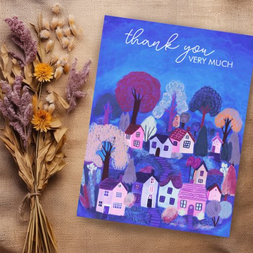 THANK YOU Cute Country Village Illustration Postcard