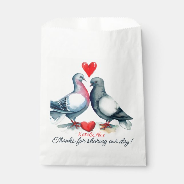 Thank You, Cute Couple Pigeons Wedding Favor Bag (Front)