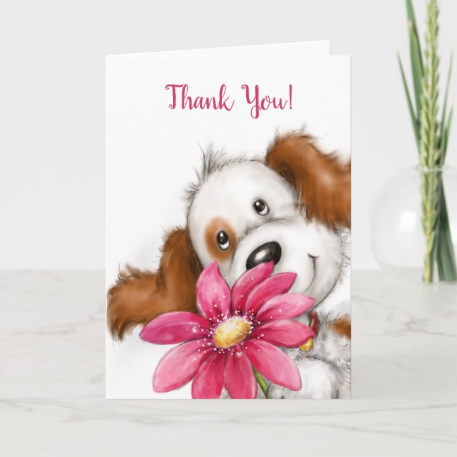 Thank You, Cute Dog with Big Flower Card (Front)