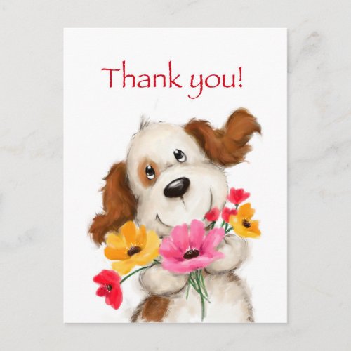 Thank you cute dog with flowers postcard