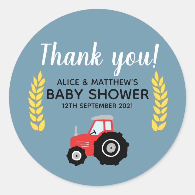Thank You Cute Farm Animals Tractor Baby Shower Classic Round Sticker (Front)