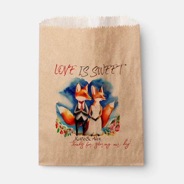 Thank You, Cute Fox Couple, Love is Sweet Wedding Favor Bag (Front)