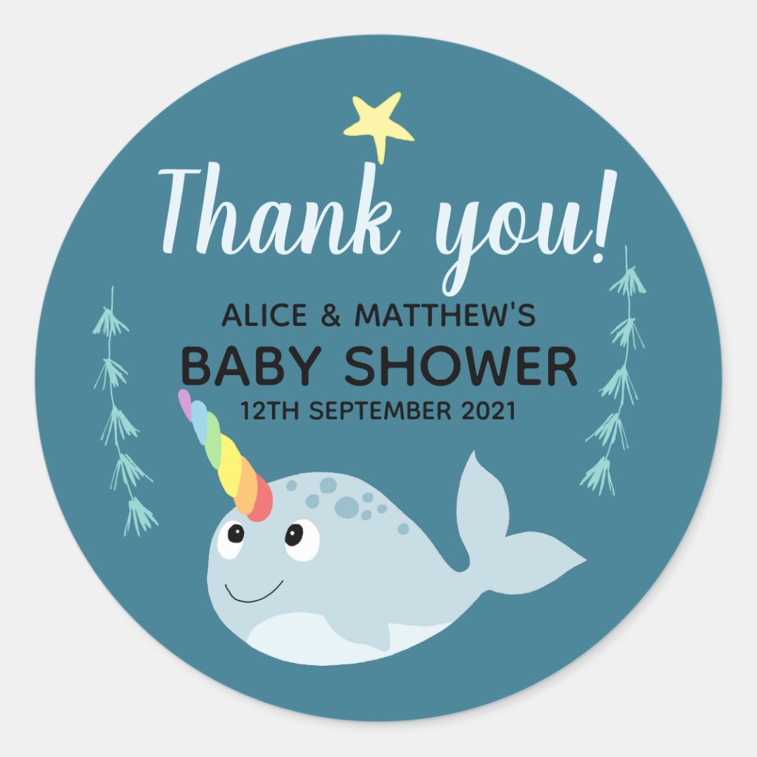 Thank You Cute Narwhal Ocean Unisex Baby Shower Classic Round Sticker ...