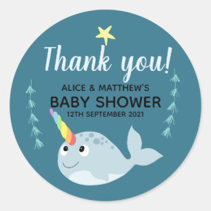 Thank You Cute Narwhal Ocean Unisex Baby Shower Classic Round Sticker