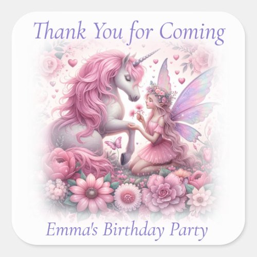 Thank You Cute Pretty Pink Fairy and Unicorn Square Sticker
