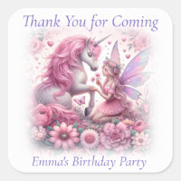 Thank You Cute Pretty Pink Fairy and Unicorn Square Sticker