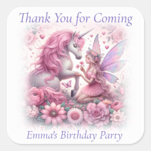 Thank You Cute Pretty Pink Fairy and Unicorn Square Sticker