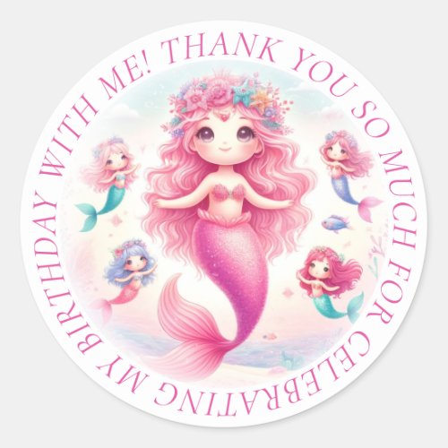 Thank You Cute Pretty Pink Mermaid Classic Round Sticker