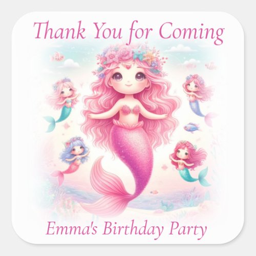 Thank You Cute Pretty Pink Mermaids Square Sticker