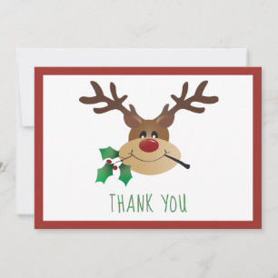 Thank You Cute Reindeer Mistletoe Red Green Card