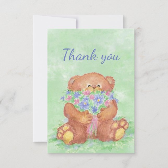 Thank You Cute Teddy Bear Holding Flower Bouquet (Front)