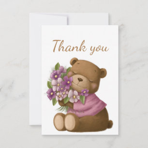 Thank You Cute Teddy Bear Purple Flower Bouquet Card