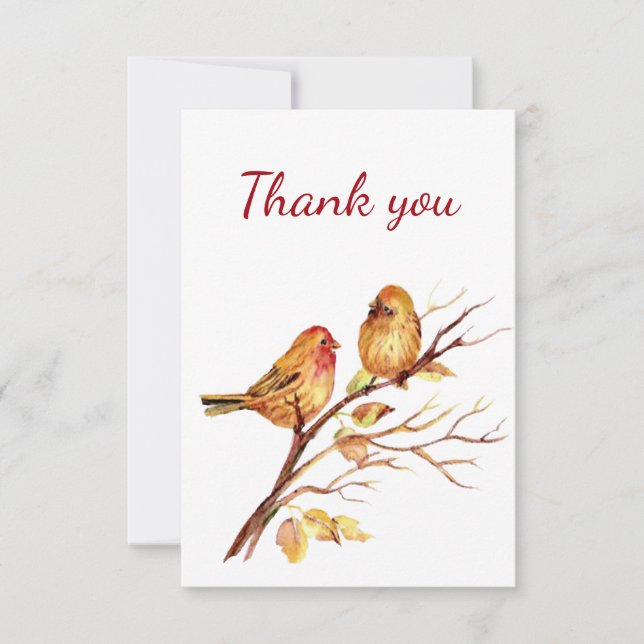 Thank You Cute Watercolor Birds on Tree Branch Card (Front)