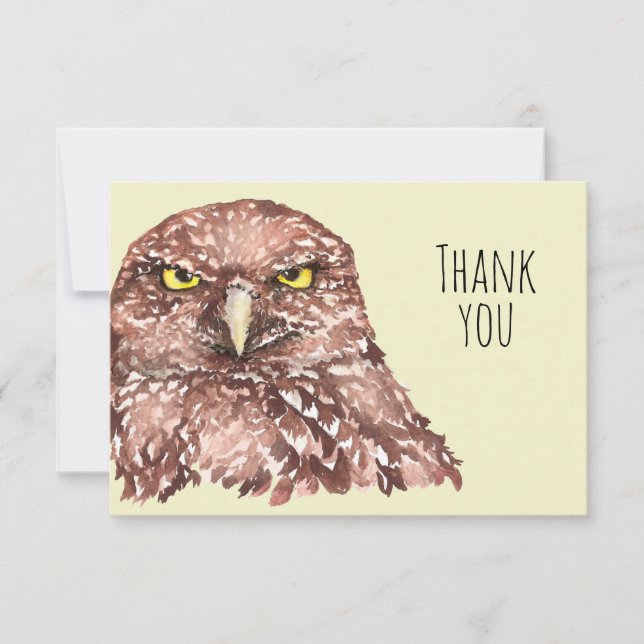 Thank You Cute Watercolor Burrowing Owl Bird Art Card (Front)