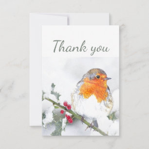 Thank You Cute Winter English Robin Bird Art Card