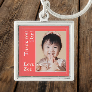 Thank you Dad in red and white, photo and name Keychain