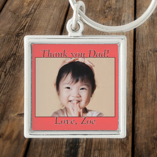 Thank you Dad in red, photo and name Keychain