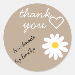 Thank You Daisy Flower Nature Cream Beige Handmade Classic Round Sticker