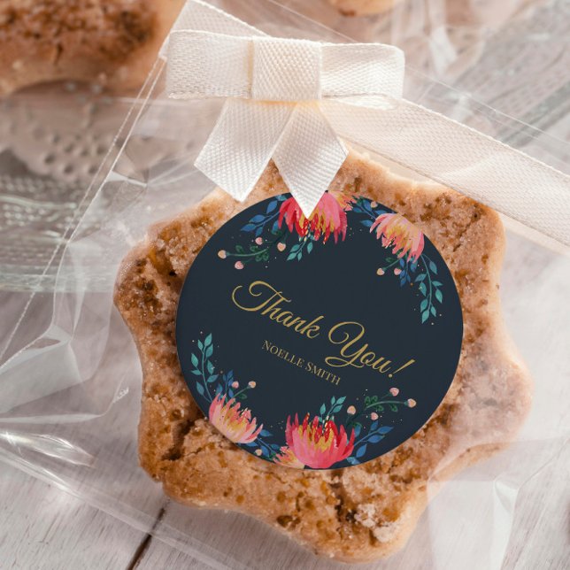 Thank You! Dark Blue, Elegant, Whimsical Flowers Classic Round Sticker (Creator Uploaded)