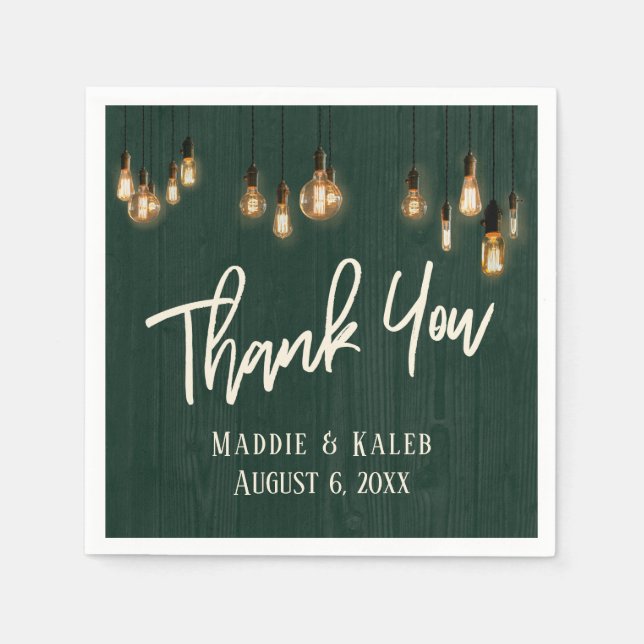 Thank You Dark Green Rustic Wood w/ Edison Lights Napkins (Front)