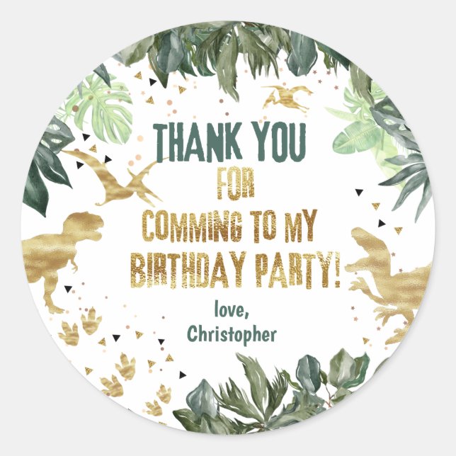 Thank You Dinosaur Personalized Birthday Classic Round Sticker (Front)