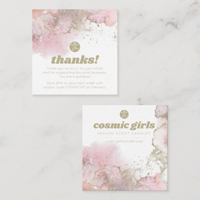 Thank You Discount Gold & Pink Abstract Art Square Business Card (Front/Back)