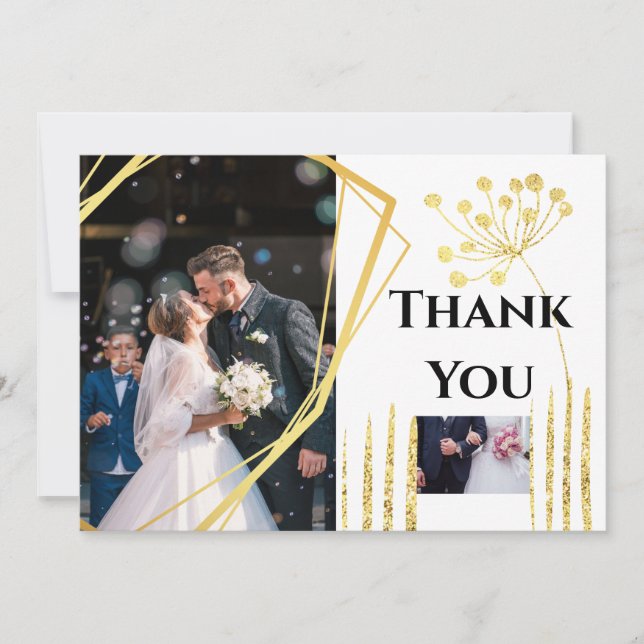 Thank you DIY 2 photo gold geometric wedding chic Card (Front)