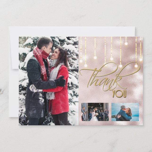 Thank you DIY 3 photo rose gold string lights Card (Front)