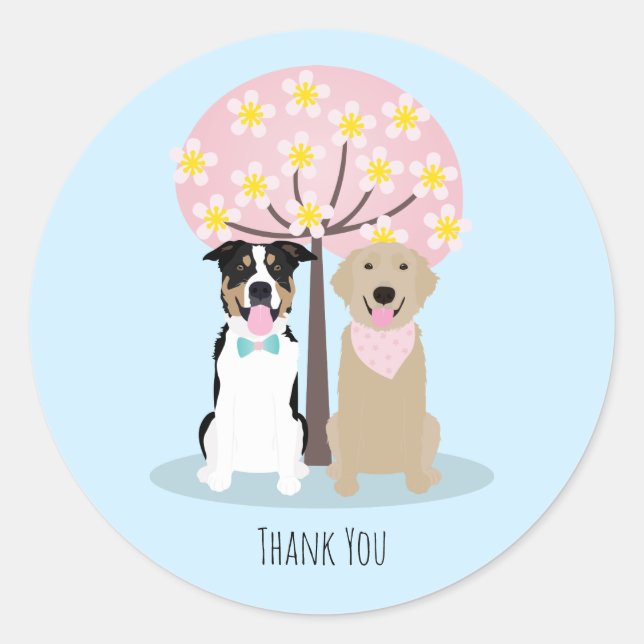 Thank You Dogs By Cherry Blossom Tree Classic Round Sticker (Front)