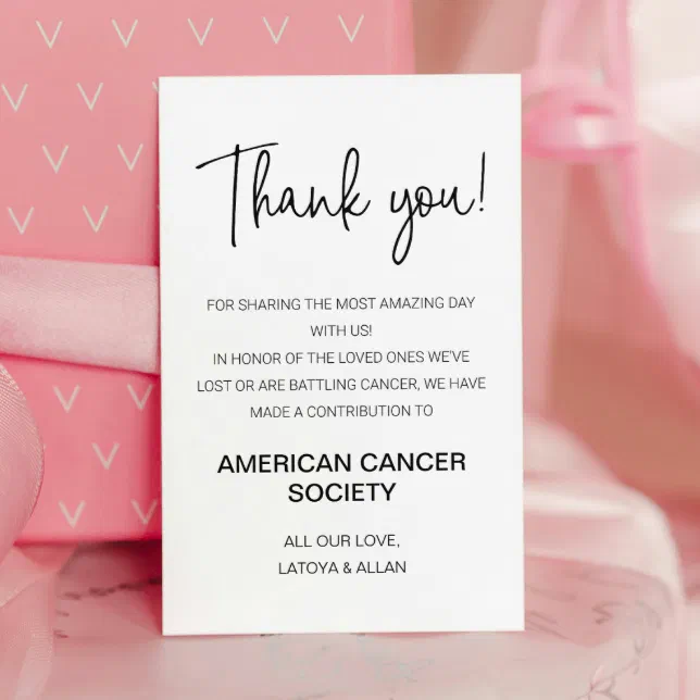 Thank You Donate To Charity Wedding Place Card | Zazzle