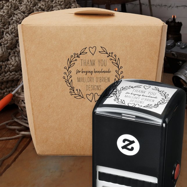 Thank You Doodle Botanical Wreath Personalized Self-inking Stamp (Thank you for buying handmade.. self-inking stamp with business name and line drawn wreath)