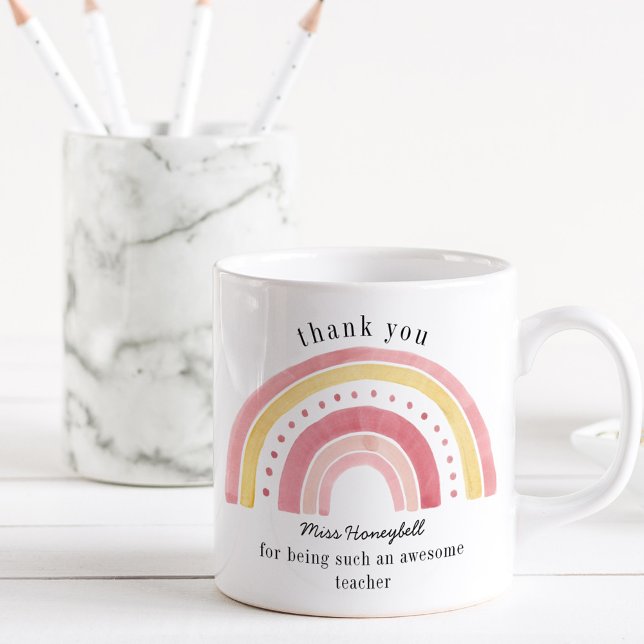 Thank You Doodle Pink Rainbow Awesome Teacher Coffee Mug (Awesome Teacher thank you gift mug with pastel rainbow)