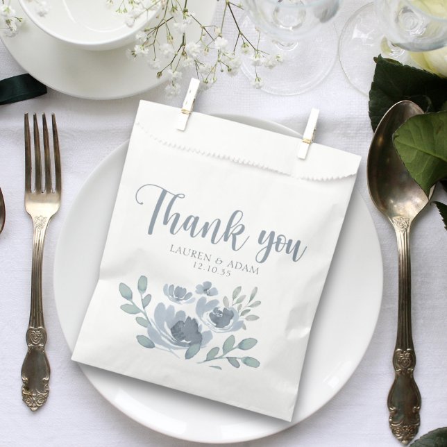 Thank you Dusty Blue Floral Wedding Favor Bag (Creator Uploaded)