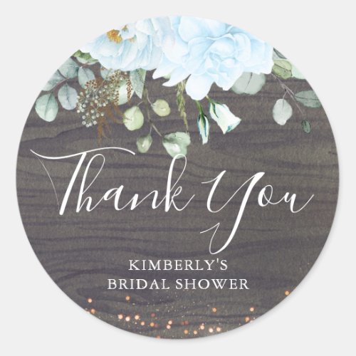 Thank You Dusty Blue Flowers Rustic Bridal Shower Classic Round Sticker