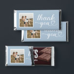 Thank You Dusty Blue Modern Heart Script Photo Hershey Bar Favors<br><div class="desc">Simple and elegant custom wedding Hershey Chocolate Bar favors feature a modern heart calligraphy script "Thank You" design adjacent to a square photo of the couple. Design includes a custom thank you message from the bride and groom that can be personalized on the back. Note, the light dusty powder blue...</div>