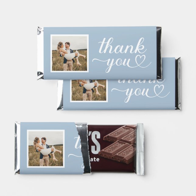 Thank You Dusty Blue Modern Heart Script Photo Hershey Bar Favors (Front)