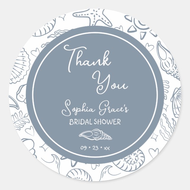 Thank You Dusty Blue Seashells Doodles Classic Round Sticker (Front)